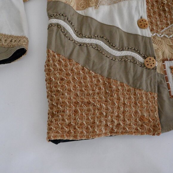 Vintage Allure Tan Cream Embroidered Floral Patchwork Beaded Button Jacket M - Picture 8 of 10